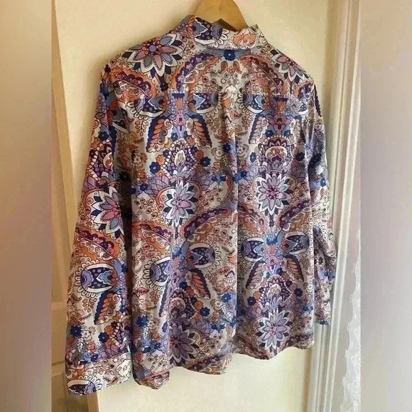Talbots XLP Classic Cotton Shirt Royal Palm Paisley Orange Blue Button Down Up - Picture 6 of 8